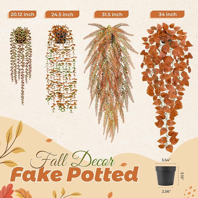 Der Rose 2Pcs Fake Fall Hanging Plants for Home Bathroom Wall Outdoor Decor | Orange eucalyptus vines for warm autumn decor accents, fall porch, patio, bathroom, kitchen wall and home entryway decor