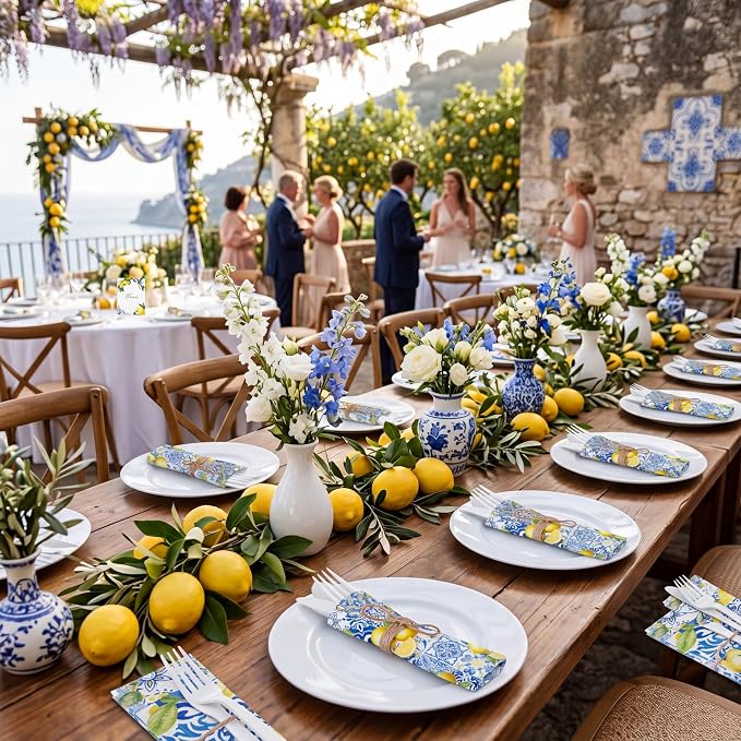 400 Pcs Capri Lemon Party Supplies Biodegradable Disposable Tableware Set for 100 Guest Knives Spoon Fork Paper Napkins Mediterranean Lemons Supplies for Bridal Shower Wedding Bridesmaid Gift