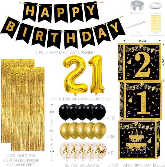 Gold 21st birthday decorations for him Men,3pcs birthday Decorations for Men boys black and gold Balloon Boxes Birthday Party Favors