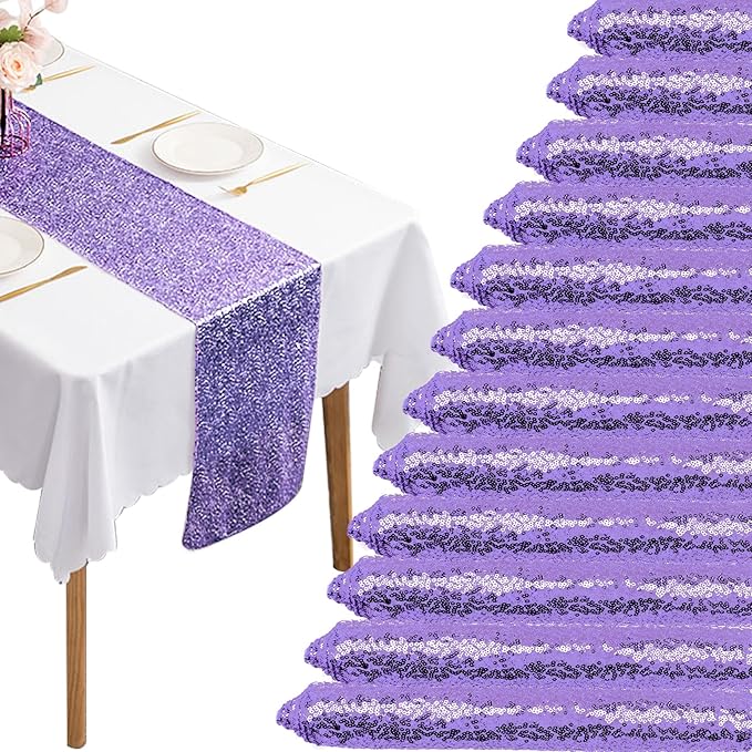 12 Packs Sequin Table Runner Glitter Dining Table Runner for Birthday Wedding Engagement Bridal Baby Shower Bachelorette Holiday Celebration Party Supplies Decorations (12" x 108", Lavender)