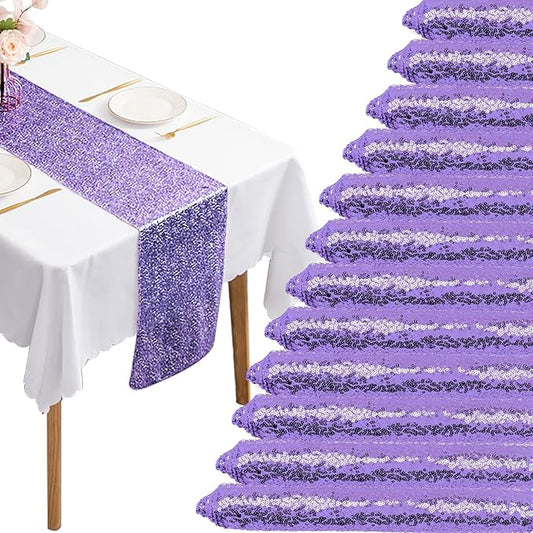 12 Packs Sequin Table Runner Glitter Dining Table Runner for Birthday Wedding Engagement Bridal Baby Shower Bachelorette Holiday Celebration Party Supplies Decorations (12" x 108", Lavender)