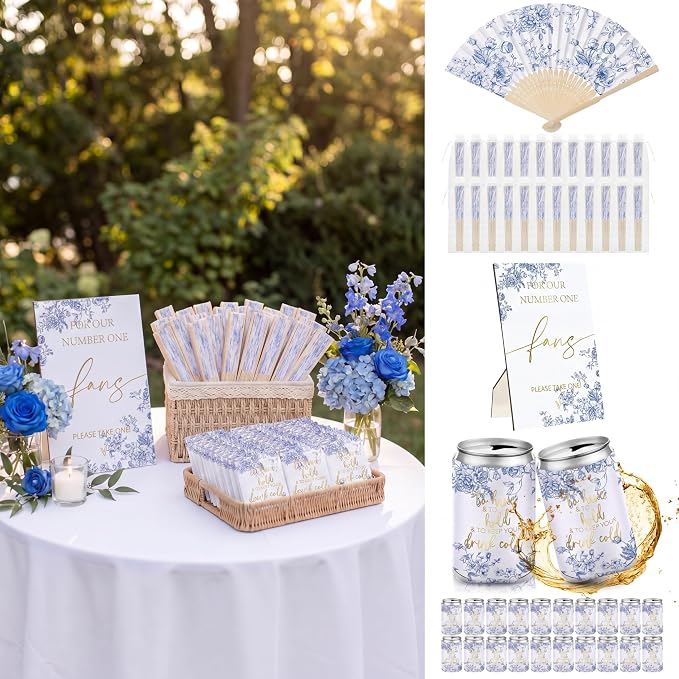Hoteam 25 Sets Blue Floral Wedding Party Favors for Guests Bulk Including Can Cooler and Paper Folding Fans with Wedding Decor Table Sign Cheers to Love for Bridal Shower Party Souvenir