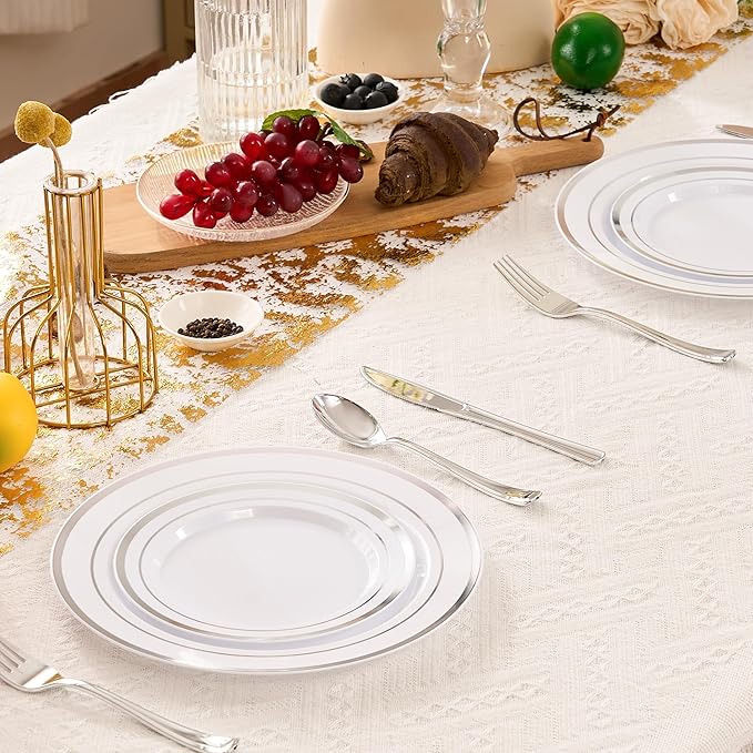 Fijinhom 100PCS Silver Plastic Plates, Disposable Plates with 50PCS 10" Dinner Plates & 50PCS 7" Dessert Plates for 50 Guests, Plastic Party Plates for Wedding, Birthday, Silver