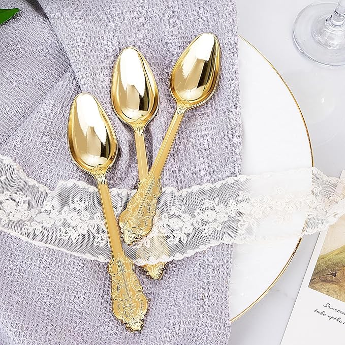 WDF 100 Piece Gold Plastic Spoons Disposable - 6.93 Inch Baroque Gold Spoons Plastic Silverware for Dessert Cake - Heavy Duty for Party Wedding Daily Using Baby Shower Spring