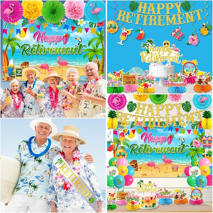 Beach Retirement Party Decorations, Aloha Party Decorations includes Happy Retirement Banner Hawaiian Backdrop and Hanging Swirls Honeycomb Centerpieces, for Aloha Decor
