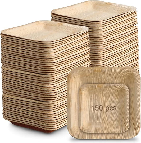 Didaey 150 Pcs 4 inch and 6 inch Palm Leaf Square Bamboo Plates Disposable Wood Dinnerware Set Leaf Plates for Weddings Catering Events Birthday Summer Party