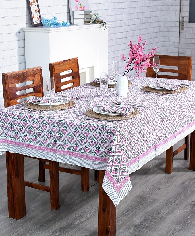 Ridhi Pink and White Hand Block Print Cotton Rectangle Tablecloth 102" x 48" inches Reusable Table Cover Decorative Everyday Use for Dining Room, Farmhouse, Home Gift for Spring, Mother's Day