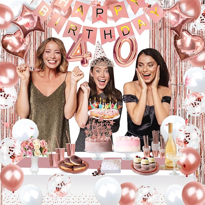255 Pcs Rose Gold 40th Birthday Decorations for Women – Party Decoration Supplies Kit with “Happy Birthday” Banner, Balloons, Crown, Sash, Cake Topper, Tableware & Fringe Curtain for 25 Guests