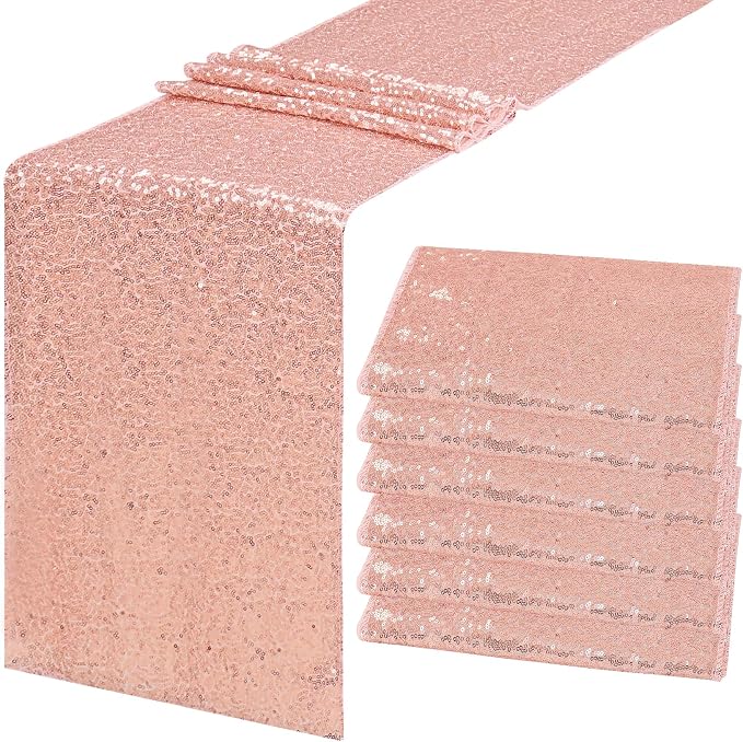 6 Pack Rose Gold Valentine's Day Sequin Table Runner Sequin Table Cloths 12" x 72" Sparkle Table Runner for Baby Bridal Shower Wedding Birthday Party Table Decor (Rose Gold)