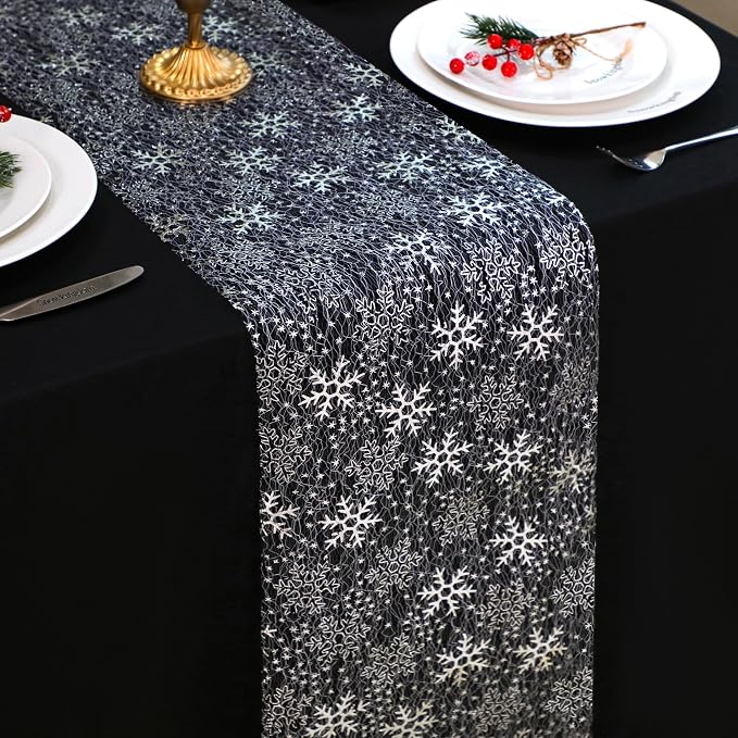 Snowkingdom Christmas Snowflake Silver Table Runner 11 Inch x 49 Feet Sparkly Silver Foil Glitter Metallic Mesh Runners Dining Table Decorations for Seasonal Winter Xmas Festival Holiday Home Party