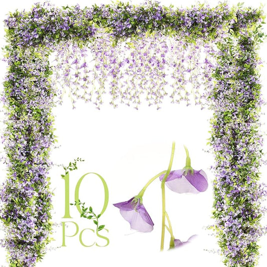 Crowye 10 Pcs 7.2ft/pcs Artificial Flowers Wisteria Garland Artificial Wisteria Vine Hanging Flower Decorations Flower Vines for Outdoor Wedding Wall Arch Party Backdrop Floral Decor (Light Purple)