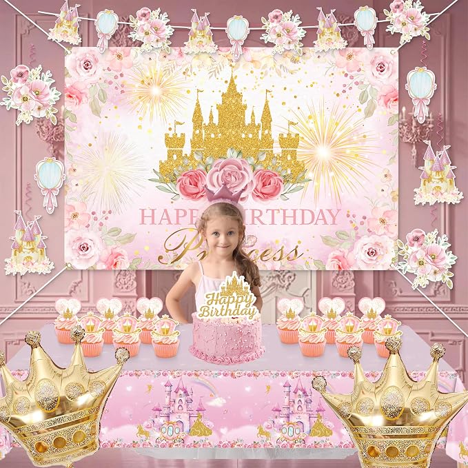 Happy Birthday Decorations For Women Men,Birthday Backdrop,Banner Balloons,Table Cloth,Paper pom poms Party Supplies for Girls Boys (Princess)