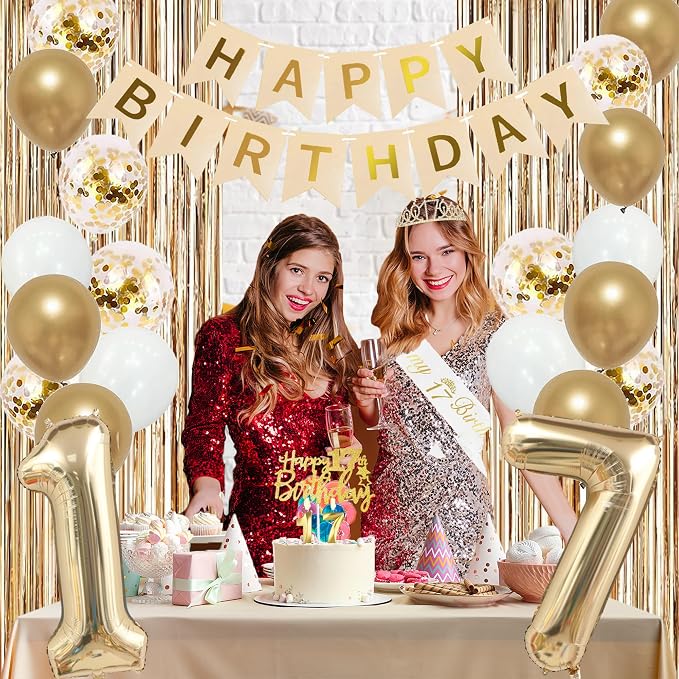 Trgowaul 17th Birthday Decorations for Girls, Happy Birthday Banner, Sash and Crown, 17 Number Balloon, Fringe Curtains, Champagne Gold 17-Year-Old Old Party Supplies