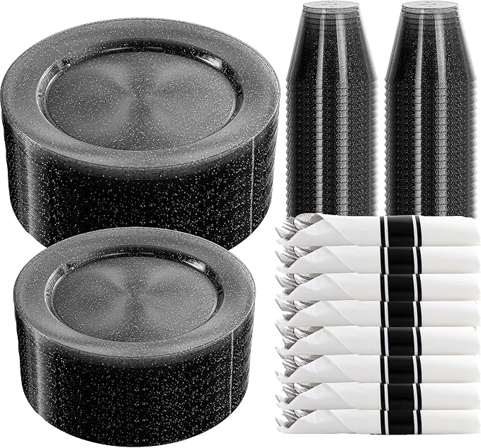 DaYammi 350 Pieces Black Glitter Dinnerware Set 50 Guest for Party- 50 Dinner Plates, 50 Dessert Plates -50 Per Rolled Napkins with Black Cutlery - 50 Disposable Cups 9 OZ