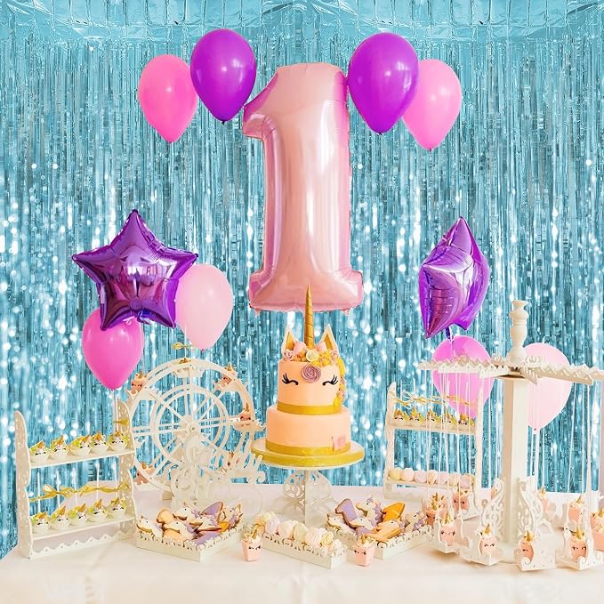 JOYIT 5 Pack Light Blue Tinsel Backdrop - 3.28 ft x 6.56 ft Fringe Backdrop, Glitter Foil Fringe Curtains for Party Decorations, Birthday, Bachelorette, Graduation, Wedding (Light Blue, 5 Pack)