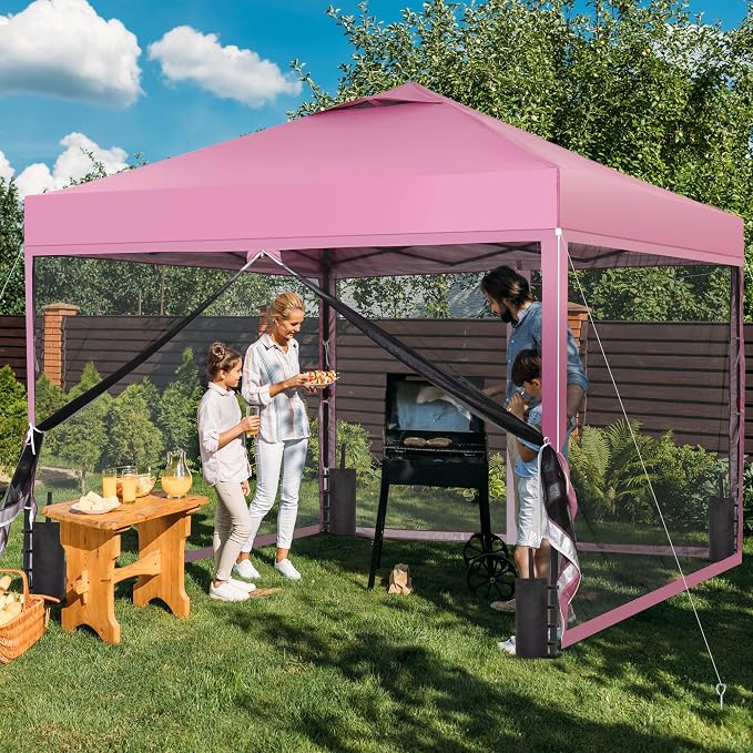 GDY 10x10 Pop-up Canopy Tent with 4-Mosquito Nettings, Outdoor Screen Gazebo with 4 Sandbags, 4 Ropes & 8 Stakes, 3-Level Height Adjustment for Patio, Camping, and Backyard, Pink
