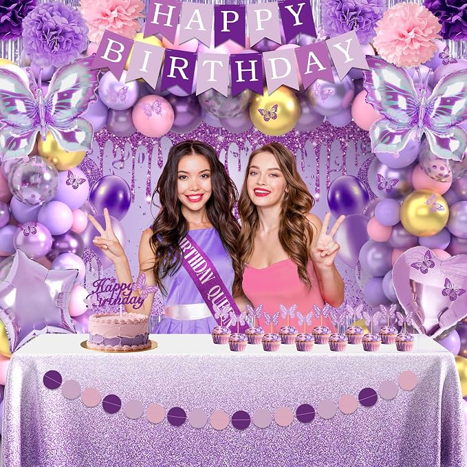 Purple Birthday Decorations for Women Girls Purple Party Decorations with Purple Balloon Arch Sash Banner Backdrop Tablecloth Cake Topper