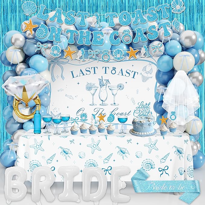 THAWAY Last Toast on The Coast Bachelorette Party Decorations - 139Pcs Coastal Blue Bridal Shower Decor Set with Backdrop, Tablecloth, Balloon Arch Kit, Bride Veil & Sash for Beach Wedding Decorations