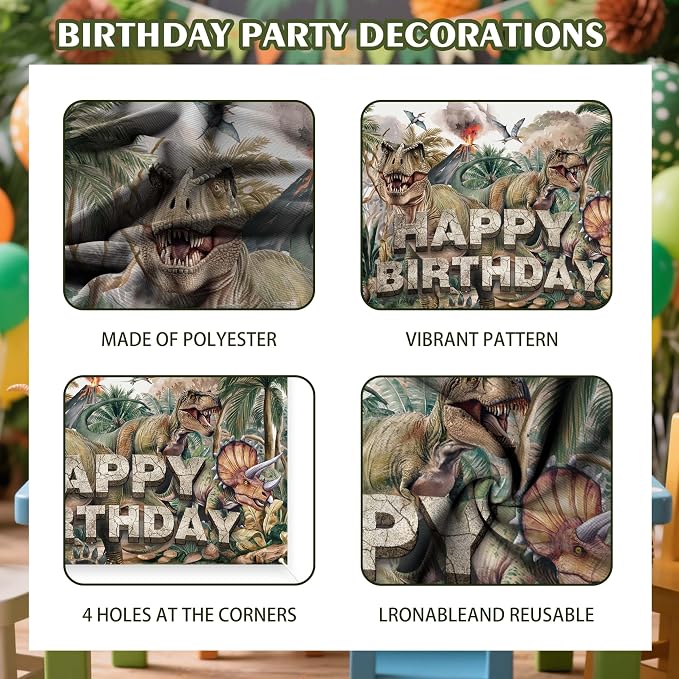 Dinosaur Birthday Party Decorations Set, 59x39in Jungle Prehistoric Photography Backdrop, T-Rex Foil Balloons, Latex Balloons, Tablecloth, Cake Toppers, Dino Roar Theme Supplies for Boys Kids