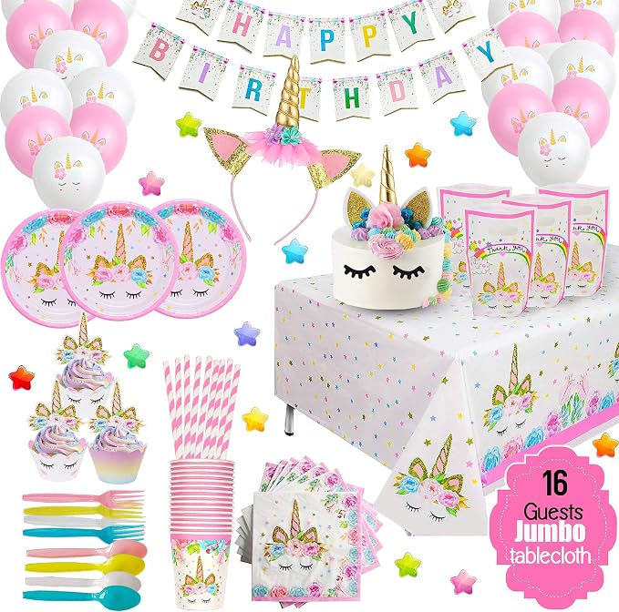 ecoZen Pink Unicorn Birthday Party Decorations - Magical Horse Themed Supplies for 16 Guests, Includes Plates, Cups, Napkins, Banner, Cutlery, Balloons, Tablecloth, Straws, Toppers