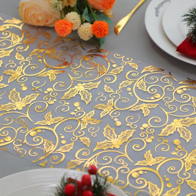Snowkingdom 2 PCS Gold Table Runner 108 Inches Long, Gold Pinecone Flower Floral Table Decor for Winter Holiday Dining Kitchen Party New Year Home Decorations