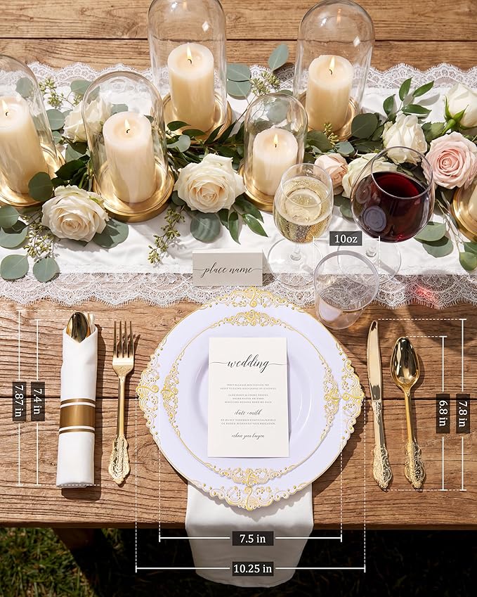 Nervure 700PCS Gold Plastic Plates - Gold Plastic Dinnerware Sets for 100 Guests - 200 Disposable Plates, 300 Silverware, 100 Cups, 100 Napkins for Wedding & Party & Mothers Day