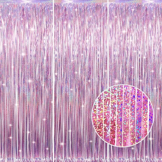 GOER 3.2 ft x 8.2 ft Metallic Tinsel Foil Fringe Curtains Party Photo Backdrop Party Streamers for Birthday,Graduation,New Year Eve Decorations Wedding Decor(3 Packs,Laser Pink)
