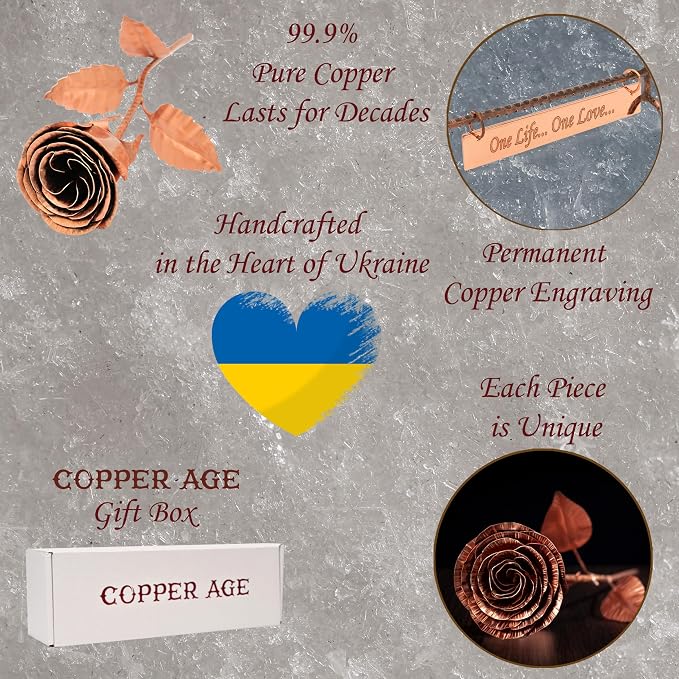 Personalized Copper Rose with Stand - Custom Engraved for 7th or 22nd Wedding - Handmade Solid Copper Flower - Unique Gift for Her or Him
