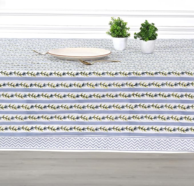 Ridhi Blue Meadow Vine Block Print Cotton Rectangle Tablecloth 60" x 60" Reusable Decorative Everyday Use for Dining Room, Farmhouse, Home Gift for Spring, Mother's Day