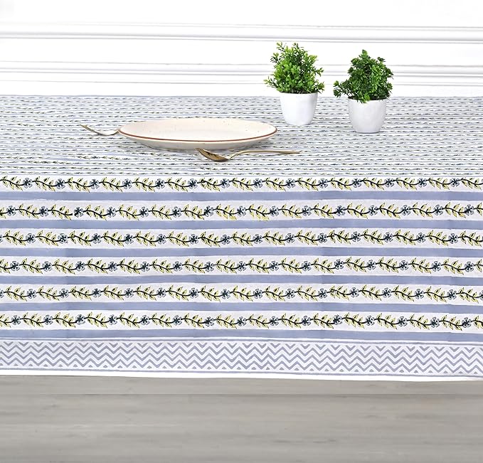 Ridhi Blue Meadow Vine Block Print Cotton Rectangle Tablecloth 108" x 60" Reusable Decorative Everyday Use for Dining Room, Farmhouse, Home Gift for Spring, Mother's Day