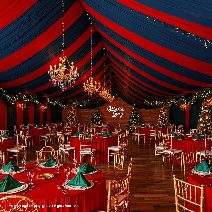 20ftx40ft Red Ceiling Curtain for Wedding Parties – 4 Panels Wrinkle-Free 40 FT Long Tent Draping Curtains for Wedding, Birthday & Theme Parties, 40ft Height with Rod Pocket