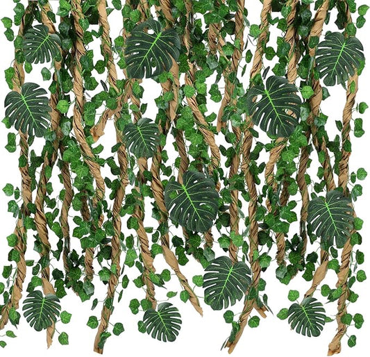 1 Set Jungle Theme Party Decoration Vine for Room Decor Safari Rainforest Leaf with 98 ft Kraft Paper Artificial Ivy Greenery Garland Fake Tropical Palm Leaf Garden Indoor Classroom (Modern)