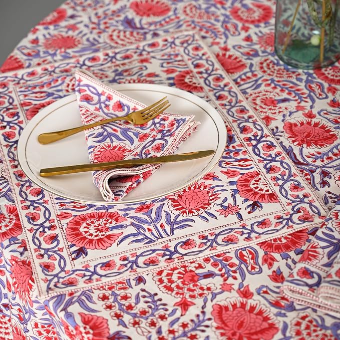 Hand Block Printed Tablecloth – Colorful Floral Print | 100% Cotton | Indian Artisan Handmade Art | Dining Room, Kitchen, Outdoor Décor, (Flamingo Pink, 6 Seater 72 Inches Round)