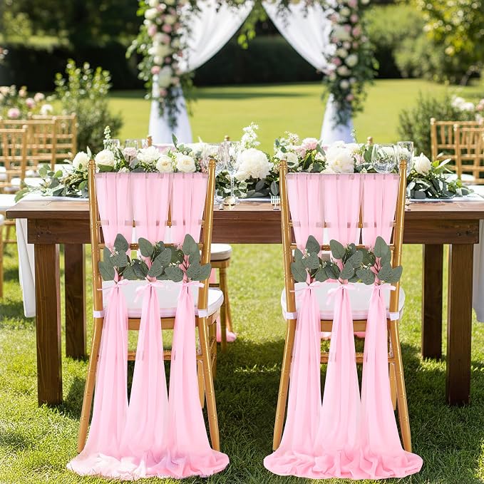QueenDream Pink Chair Sashes Wedding Aisle Decorations: 24 Packs 8ft Long Draping Fabric Sheer Church Chair Cover Bulk for Party Banquet