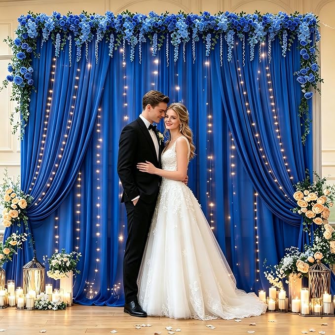 10ft x 10ft Royal Blue Chiffon Backdrop Curtain with Lights String for Parties,2 Panels Sheer Tulle Curtain Wedding Backdrop for Baby Shower Birthday Party Ceremony Reception Home Decorations