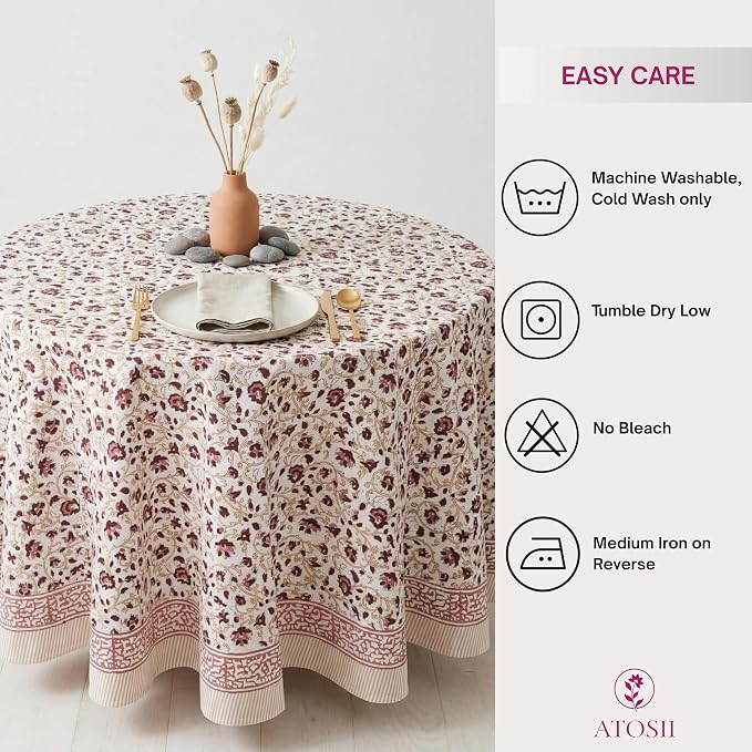 ATOSII Sophia 100% Cotton Round Boho Fall Tablecloth, Handblock Floral Table Cloth Linen for Kitchen Dining I Parties Weddings Outdoors Picnics Easter Mothers Day I 72" Inches Round I 4 Seater