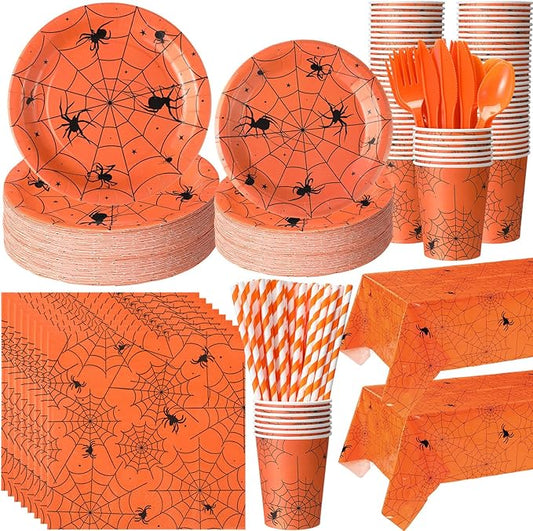 Funnymoom 452 Pcs Halloween Spiderweb Supplies Tableware for 50 Guests, Orange Spider Web Paper Plates Napkins Cups Tablecloth Cutlery Straws for Spiderweb Halloween Birthday Party Decoration