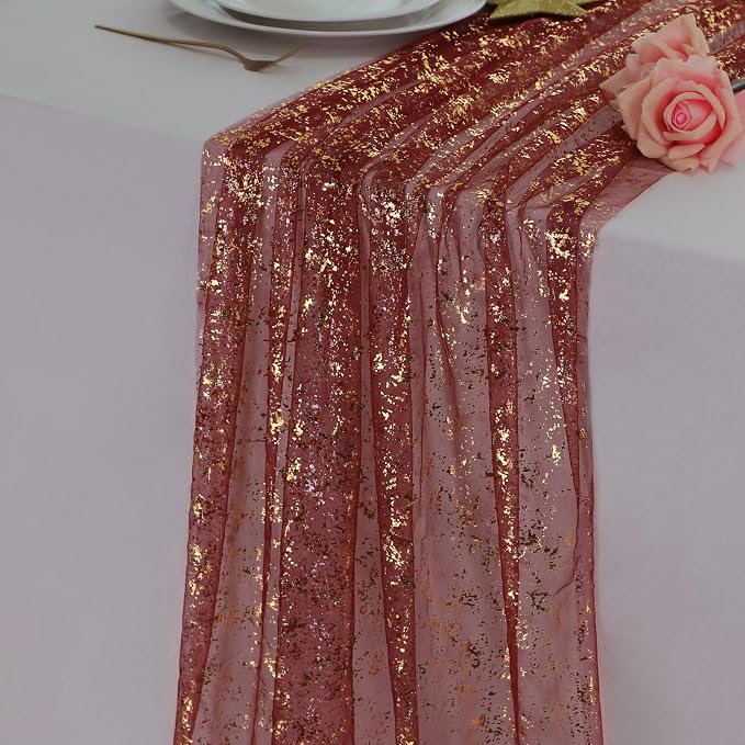 Snowkingdom Burgundy Gold Gauze Table Runner 10 Ft, Glitter Sheer Metallic Foil Sparkly Table Decor Centerpiece for Wedding, Party, Bridal Shower, Banquet, Elegant Dinner Anniversary Holiday Birthday