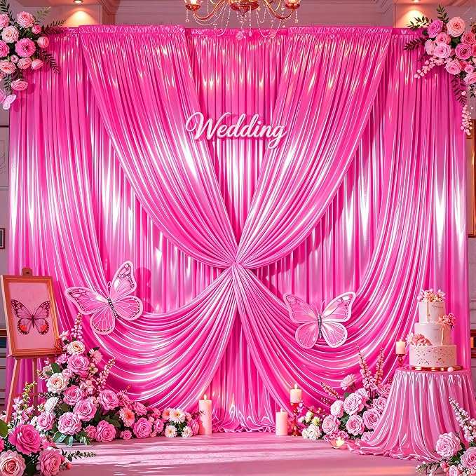 Hot Pink Glitter Backdrop Curtains - 10x12FT Satin Photo Backdrop, Wrinkle-Free Shimmer Back Drop Cloth Shiny Drapes for Photobooth Wedding Birthday Parties Photoshoot Background Decorations