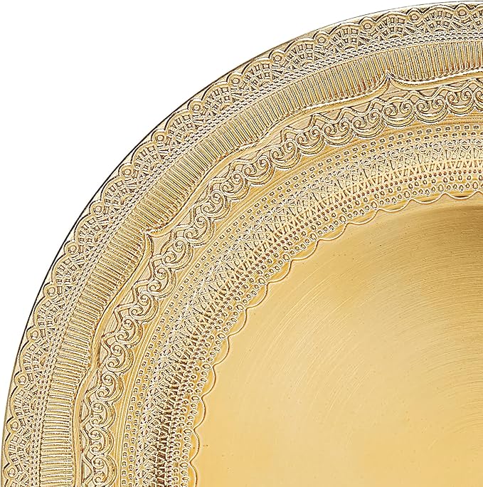 13 IN Gold Charger Plate Collection, 12-Piece Plastic Decorative Plates, Disposable Charger Plates Bulk for Anniversary Halloween Bachelor Party (Lace Gold, 12 PCS)