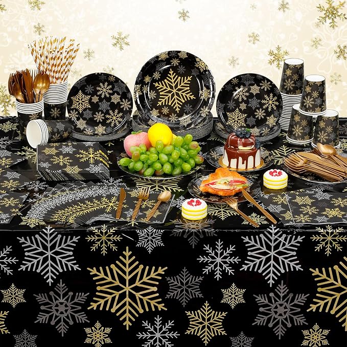 Funnymoom 452 Pcs Christmas Snowflake Party Supplies Black Gold and Sliver Snowflake Paper Plates and Napkins Cups Tablecloth Cutlery Straws for 50 Guests Winter Xmas Birthday Party Decoration