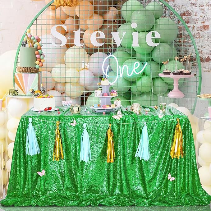 QueenDream Sparkly Sequin Tablecloth - Green Table Cloth 50x80 Inches Rectangle Table Overlay Fabric for Birthday Parties Baby Shower Decoration