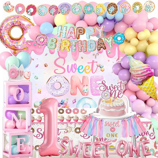 1st Birthday Decorations for Girl Sweet one First Decorations Donut First Birthday Party with Backdrop Balloon Boxes Tablecloth Banner Highchair Cake Topper