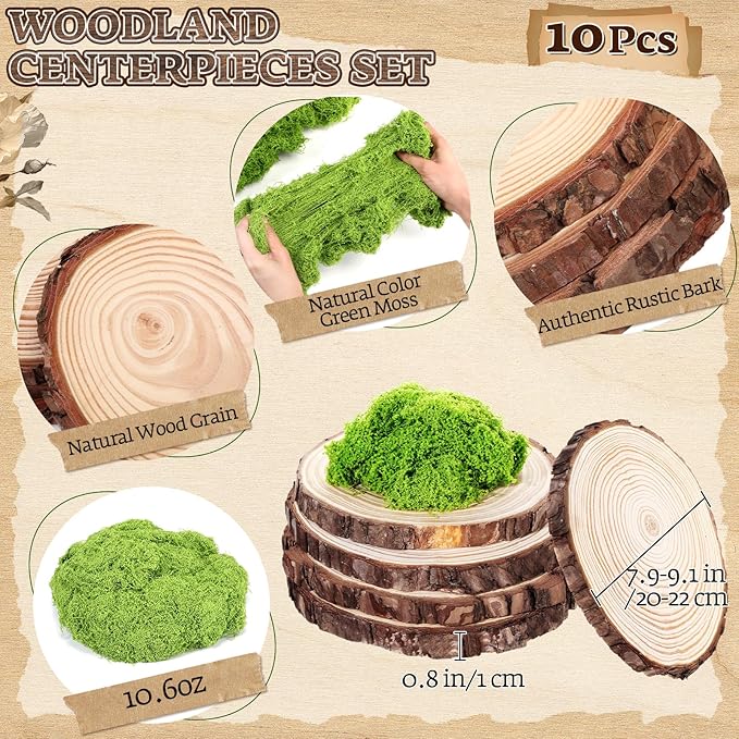 Nuanchu 11 Pack Wood Table Centerpieces with Rustic Wood Slices and Artificial Fake Green Moss for Wooden Fairy Wedding Woodland Table Decor Ideal DIY Crafts (7.9-9.1'')