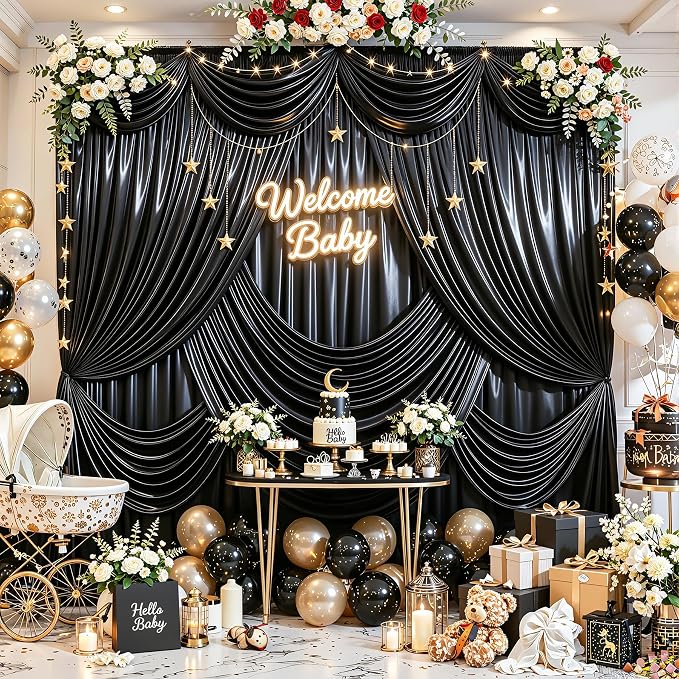 40x10ft Black Glitter Backdrop Curtain for Parties, Wrinkle Free Satin Photo Backdrop Drapes 8 Panels 5x10FT Shimmer Back Drop Cloth for Wedding Birthday Baby Shower Photography Background Decor