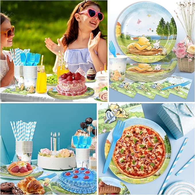 156 Pcs Winnie Bear Baby Shower Plates and Napkins Tableware Set, Plates Napkins Cups Straws and Forks Sets, Winnie Baby Shower Decorations Birthday Party Supplies, Serves 26 Guests
