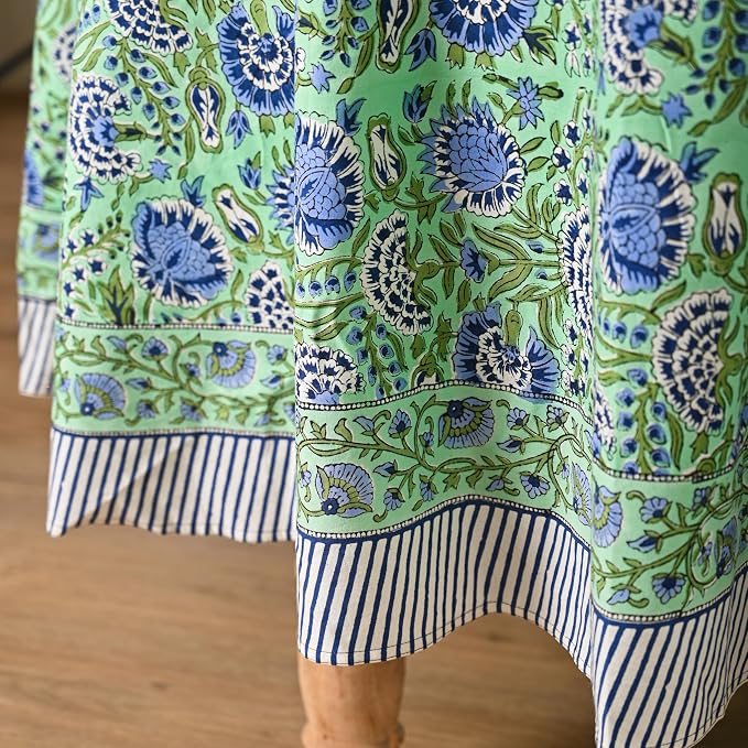 Hand Block Printed Tablecloth – Colorful Floral Print | 100% Cotton | Indian Artisan Handmade Art | Dining Room, Kitchen, Outdoor Décor, (Mint Green Blue, 8 Seater 90 Inches Round)