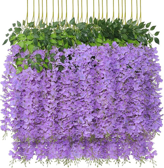 U'Artlines 24 Pack (Total 86.4 Feet) Artificial Fake Wisteria Vine Rattan Hanging Garland Silk Flowers String Home Party Wedding Decor (24, Purple)