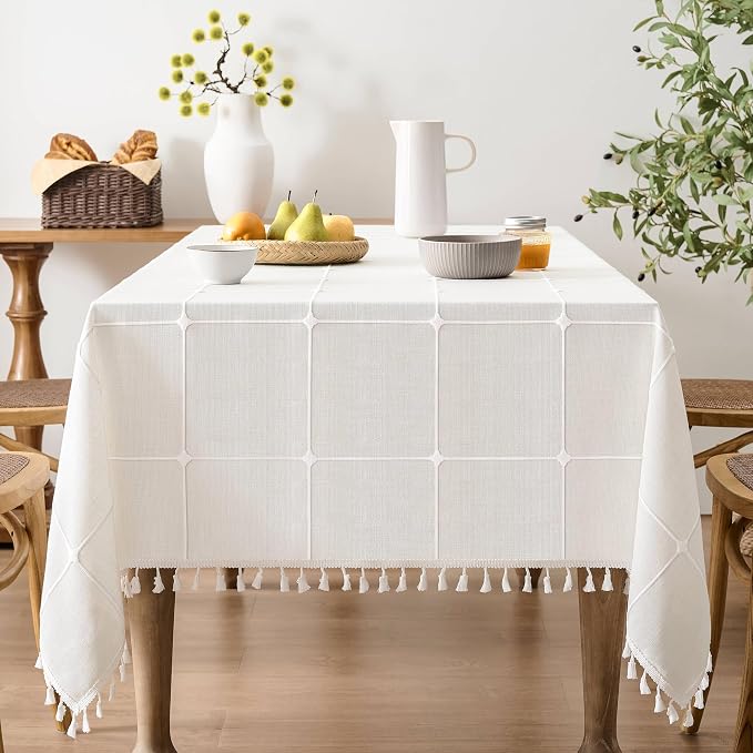 ZeeMart Boho Grid Table Cloth with Tassels (Off White, 60" x104"), Heavy Weight Linen Checked Embroidered Farmhouse Tablecloth, Water Resistant Rectangle Ivory Tablecloths
