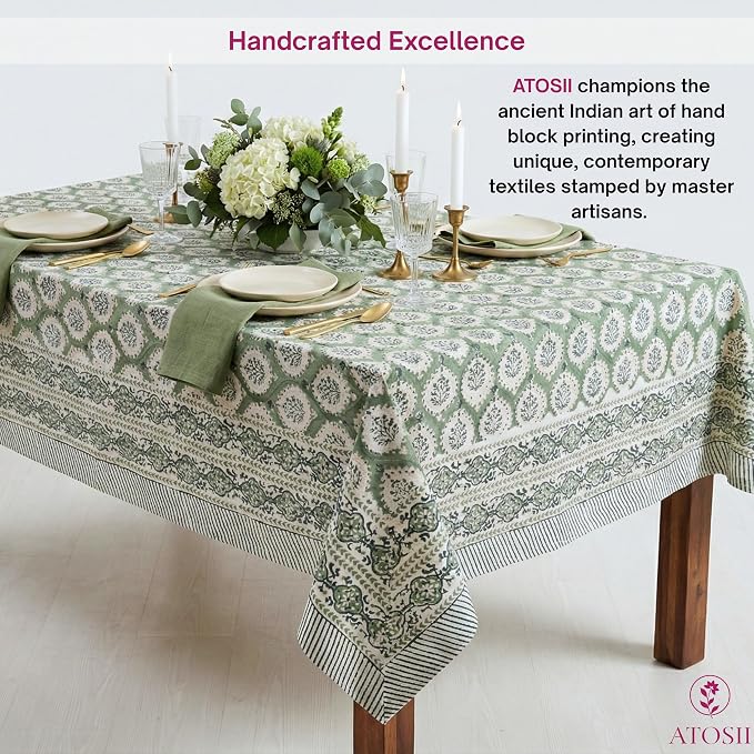 ATOSII Kari Green 100% Cotton Rectangle Boho Fall Tablecloth, Handblock Floral Table Cloth Linen for Kitchen Dining I Parties Wedding Outdoors Christmas Thanksgiving I 72 X 120 Inches I 10 Seater